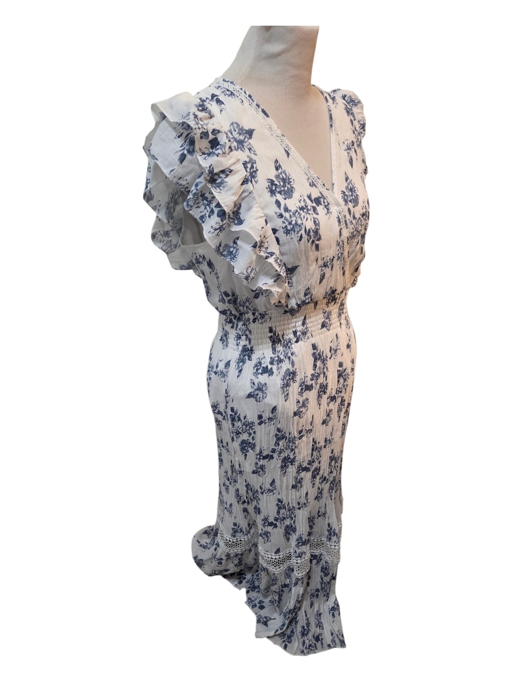 Blue Floral V-Neck Ruffle Maxi Dress